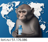 Monkey holding vaccine vial against illustrated world map backdrop, symbolizing global health research, medical breakthroughs, scientific advances, and intercontinental implications for human medicine. Стоковое AI-изображение, AI-художник Андрей Ка / Фотобанк Лори