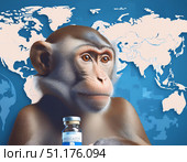 A focused monkey clutching a vaccine vial stands against a detailed blue world map, emphasizing global health and scientific breakthroughs. Стоковое AI-изображение, AI-художник Андрей Ка / Фотобанк Лори