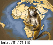Monkey in front of an map of Africa. Highlights spread and impact of Monkeypox Virus infection. Outbreak smallpox, rash, mpox, mpxv, mpx. Стоковое AI-изображение, AI-художник Андрей Ка / Фотобанк Лори