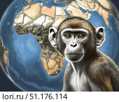Monkey against the African continent map, symbolizing the spread of the Monkeypox Virus infection. Highlights the virus origin, geography and potential impact. Outbreak smallpox, rash, mpox, mpxv, mpx. Стоковое AI-изображение, AI-художник Андрей Ка / Фотобанк Лори