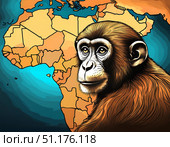 Map of africa highlights areas impacted by the monkeypox outbreak. monkey in the foreground represents the virus zoonotic origins and spread. Стоковое AI-изображение, AI-художник Андрей Ка / Фотобанк Лори