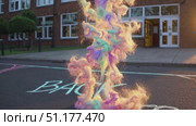 Colorful burst on school playground with “Back to School” chalk, slow motion, 4K. Стоковое AI-видео, аниматор Владислав Войтов / Фотобанк Лори