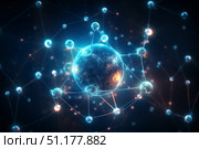 Atom with rotating electrons, energy and matter concept background. Стоковое AI-изображение, AI-художник Михаил Коханчиков / Фотобанк Лори
