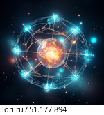 Atom with rotating electrons, energy and matter concept background. Стоковое AI-изображение, AI-художник Михаил Коханчиков / Фотобанк Лори