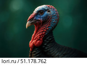Turkey profile close-up — vivid wattle, snood and feather detail. Стоковое AI-изображение, AI-художник Владислав Войтов / Фотобанк Лори