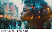 A young woman stands amidst city lights, reflecting on her thoughts as the urban landscape comes alive around her during twilight. Стоковое AI-видео, аниматор Данила Большаков / Фотобанк Лори