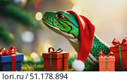 A green lizard in a festive Santa hat sits among wrapped gifts, celebrating the holiday atmosphere with lights and decorations. Стоковое AI-видео, аниматор Данила Большаков / Фотобанк Лори
