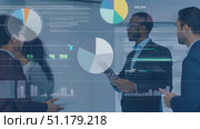 A group of business professionals discusses data insights and strategies in a contemporary office space with digital charts displayed. Стоковое AI-видео, аниматор Данила Большаков / Фотобанк Лори