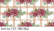 Roses pine branch chain pattern watercolor. Стоковая иллюстрация, иллюстратор Андрей Золотарев / Фотобанк Лори