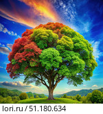 Vibrant Treetop Displaying All Seasons Against a Blue Sky. Generative AI. Стоковое AI-изображение, AI-художник Roman Zavorotny / Фотобанк Лори