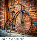 An Antique Penny-Farthing Bicycle Parked Against a Brick Wall. Generative AI. Стоковое AI-изображение, AI-художник Roman Zavorotny / Фотобанк Лори