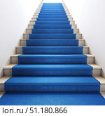 Blue Carpeted Staircase Ascending to White Walls. Generative AI. Стоковое AI-изображение, AI-художник Roman Zavorotny / Фотобанк Лори