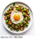 Fried Egg and Brussels Sprout Hash on a White Plate. Generative AI. Стоковое AI-изображение, AI-художник Roman Zavorotny / Фотобанк Лори