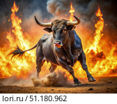 Black Bull Running Through Fire. Generative AI. Стоковое AI-изображение, AI-художник Roman Zavorotny / Фотобанк Лори