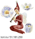 Little fairy elf with flute and white buds. Wings, smart dark red suit, sits. Watercolor set illustration for children's books, decoration of children's goods, postcards, notebooks. Стоковая иллюстрация, иллюстратор Larisa Hamukova / Фотобанк Лори