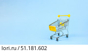 Grocery Cart Empty on Blue Background, Space for Copy, Shop, Shopping. Стоковое фото, фотограф Alexandra Aleroewa / Фотобанк Лори