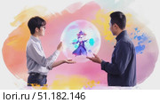 Two people engage in a creative presentation showing holographic displays of digital characters in a colorful environment. Стоковое AI-видео, аниматор Данила Большаков / Фотобанк Лори
