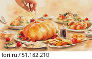A beautifully arranged table showcases a variety of gourmet dishes, highlighting festive culinary delights perfect for a gathering. Стоковое AI-видео, аниматор Данила Большаков / Фотобанк Лори