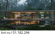 A stunning modern house features expansive glass walls, blending seamlessly with the surrounding forest at twilight, creating a tranquil ambiance. Стоковое AI-видео, аниматор Данила Большаков / Фотобанк Лори