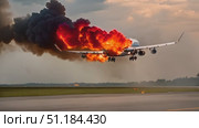 Airplane experiences engine trouble and catches fire moments before landing at the airport. Emergency responders are on standby as the aircraft struggles to make a safe descent. Стоковое AI-видео, аниматор Данила Большаков / Фотобанк Лори