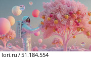 Astronaut explores a surreal landscape filled with colorful trees and floating orbs during a cosmic adventure. Стоковое AI-видео, аниматор Ekaterina Ismagilova / Фотобанк Лори