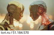 Futuristic robots face each other in a captivating display of advanced technology and design. Стоковое AI-видео, аниматор Ekaterina Ismagilova / Фотобанк Лори