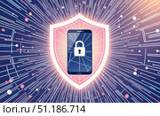 Смартфон с иконкой замка в щите, окруженный яркими линиями на цифровом фоне. Стоковое AI-изображение, AI-художник Елена Болотина / Фотобанк Лори