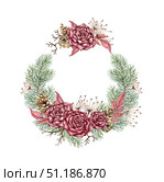 Wreath roses pine cones branches steam punk watercolor. Стоковая иллюстрация, иллюстратор Андрей Золотарев / Фотобанк Лори