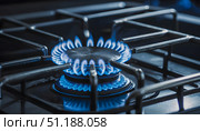 Крупный план газовой конфорки с зажженным голубым пламенем. Стоковое AI-изображение, AI-художник Димитрова Наталья Ивановна / Фотобанк Лори