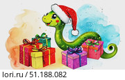 A cheerful green serpent, adorned with a Santa hat, sits amidst colorful wrapped gifts, embodying the spirit of the holidays. Стоковое AI-видео, аниматор Данила Большаков / Фотобанк Лори