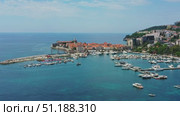 Aerial view of Budva and sea (2023 год). Стоковое видео, видеограф Михаил Коханчиков / Фотобанк Лори