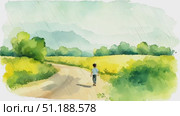 A child strolls down a dirt path surrounded by lush greenery and bright yellow fields under a gentle rain in the countryside. Стоковое AI-видео, аниматор Данила Большаков / Фотобанк Лори