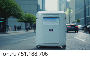 A delivery robot moves along a bustling city street, demonstrating modern technology and efficiency while people and vehicles surround it. Стоковое AI-видео, аниматор Данила Большаков / Фотобанк Лори