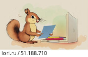 A curious squirrel engages with a laptop, holding papers beside a colorful set of pencils in a warm, inviting workspace. Стоковое AI-видео, аниматор Данила Большаков / Фотобанк Лори