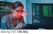 A focused tech professional works late in the evening, analyzing data on multiple screens in a sleek office environment. Стоковое AI-видео, аниматор Данила Большаков / Фотобанк Лори