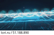 Digital landscape filled with vibrant blue lights and rapidly shifting patterns amidst a dark background. Стоковое AI-видео, аниматор Данила Большаков / Фотобанк Лори