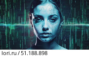 A captivating visual of a woman's face merges with digital elements, showcasing the intersection of innovation and aesthetics. Стоковое AI-видео, аниматор Данила Большаков / Фотобанк Лори