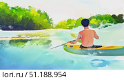 A person enjoys a peaceful kayaking experience on calm waters surrounded by vibrant shades of blue, capturing the essence of summer. Стоковое AI-видео, аниматор Данила Большаков / Фотобанк Лори
