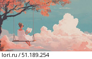 Reading a book on a swing under a colorful autumn tree with clouds in the distance. Стоковое AI-видео, аниматор Ekaterina Ismagilova / Фотобанк Лори