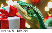 A vibrant green snake curiously approaches a beautifully wrapped present beneath a twinkling Christmas tree, perfect for the holiday spirit. Стоковое AI-видео, аниматор Данила Большаков / Фотобанк Лори