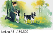 A woman interacts lovingly with her energetic dog in a vibrant park filled with bright flowers and greenery under the warm afternoon sun. Стоковое AI-видео, аниматор Данила Большаков / Фотобанк Лори