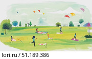 A joyful group of children playfully flies kites in a lush park, surrounded by greenery and soft hills under a clear sky. Стоковое AI-видео, аниматор Данила Большаков / Фотобанк Лори
