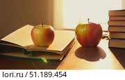 Two apples sit on an open book placed on a wooden table, while warm sunlight streams through the window, creating a cozy atmosphere in the study. Стоковое AI-видео, аниматор Данила Большаков / Фотобанк Лори