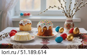 High-end festive still life: traditional Russian Easter table with kulich topped with white glaze and colorful sprinkles. Стоковое AI-видео, аниматор Виктория Кольцова / Фотобанк Лори