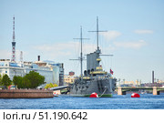 Saint Petersburg, Russia - May 25, 2021: The famous Cruiser Aurora. Symbol of the beginning of the revolution in the Russian Empire. Редакционное фото, фотограф Наталия Кирсанова / Фотобанк Лори
