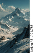 Snow-covered Mountains and Valleys Under a Clear Blue Sky in Winter. Стоковое AI-изображение, AI-художник Юлия Гапеенко / Фотобанк Лори