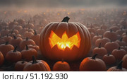 Jack-o'-lantern glowing in a pumpkin patch, showcasing Halloween spirit and festive ambiance. Стоковое AI-видео, аниматор Данил Руденко / Фотобанк Лори