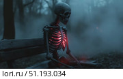 Skeleton seated on a bench in a foggy forest with glowing ribcage, showcasing eerie atmosphere. Стоковое AI-видео, аниматор Данил Руденко / Фотобанк Лори