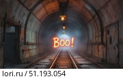 Mysterious tunnel scene with glowing text 'Boo!' creating an eerie atmosphere and suspense. Стоковое AI-видео, аниматор Данил Руденко / Фотобанк Лори