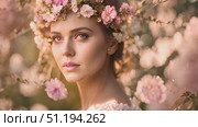 Charming woman wearing flower crown on her head, adding a touch of nature to her appearance. She exudes a sense of beauty and charm as she showcases the floral adornment. Стоковое AI-видео, аниматор Данила Большаков / Фотобанк Лори